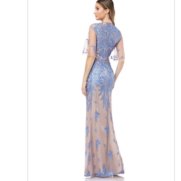 NWT Formal Floral Embroidered Long Mermaid Evening Gown w French Blue Lace - Picture 2 of 9